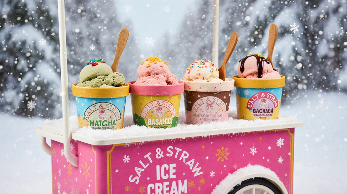 Colorful vegan ice cream cart serves unique flavors with snowflakes falling and wooden spoon visible