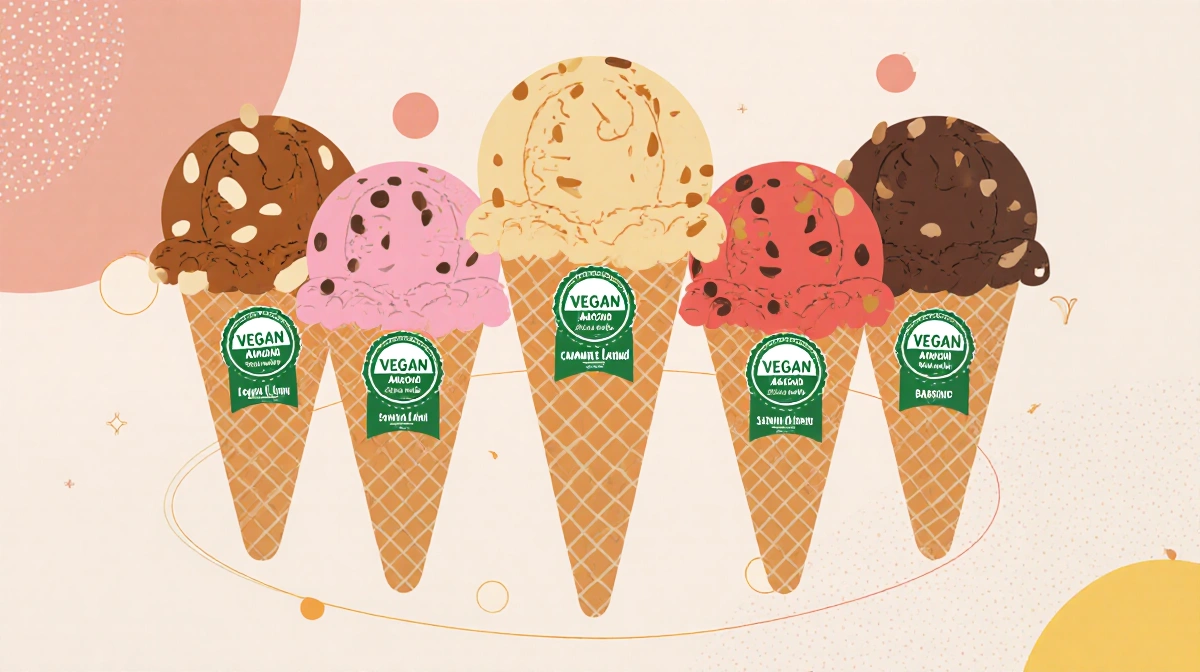 Five colorful vegan ice cream scoops arranged in circle with flavor names and plant-based certification labels
