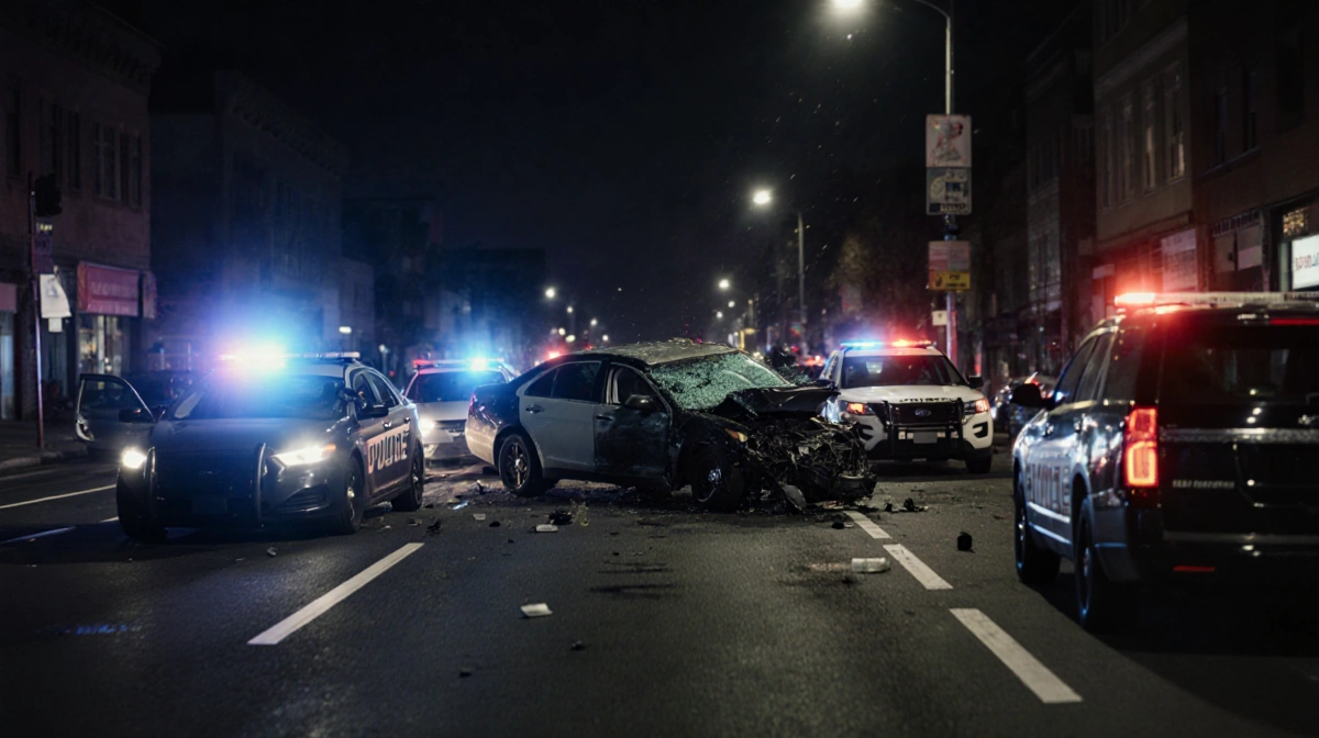 Suspect's car ramming police vehicles with shattered glass and emergency lights flashing in a darkened street