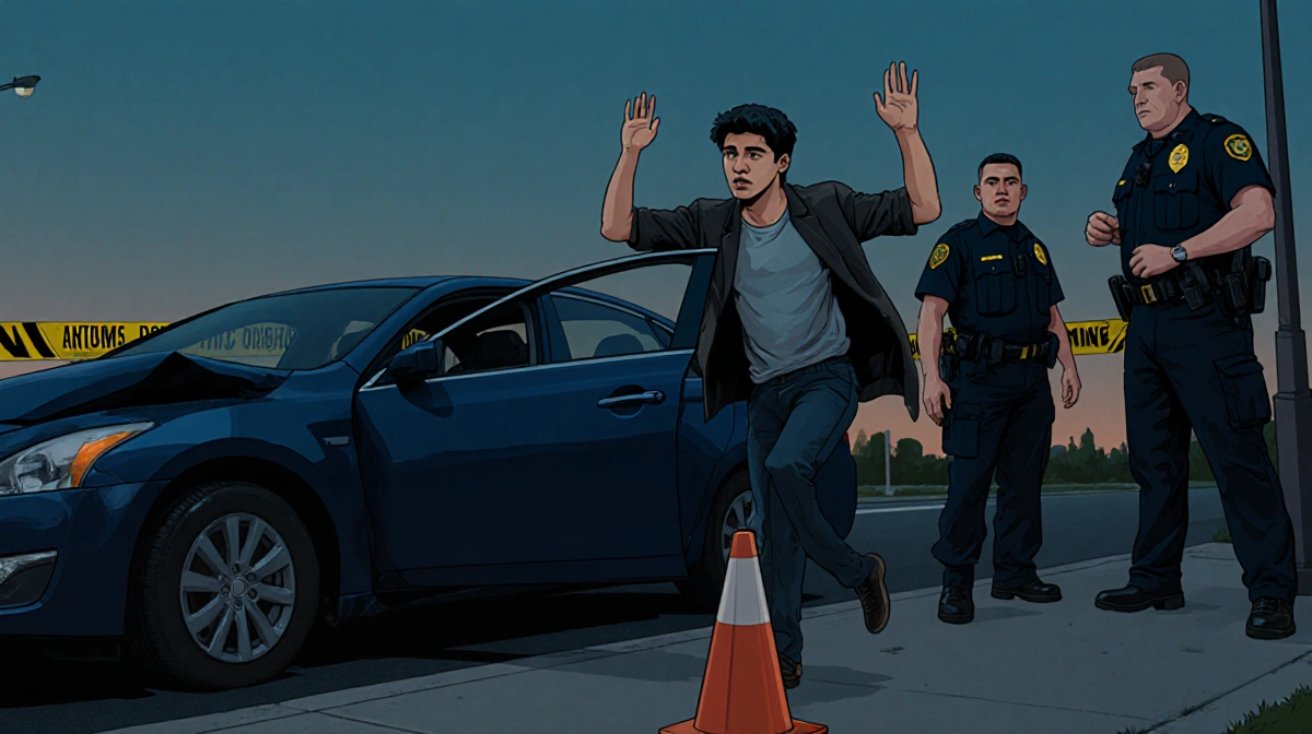 Young Hispanic driver stepping from crashed blue sedan with ICE officers approaching and emergency tape marking the scene