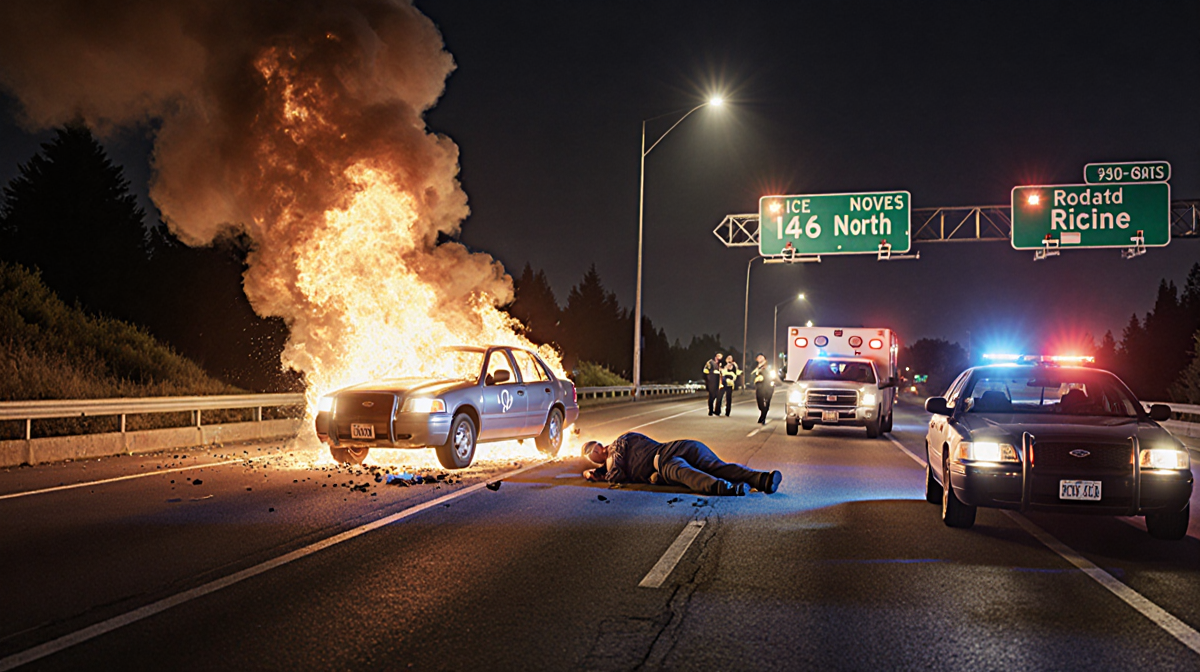 Fire truck crashing with police car and ambulance racing to an emergency chaotic nighttime roadside with two motionless peopl