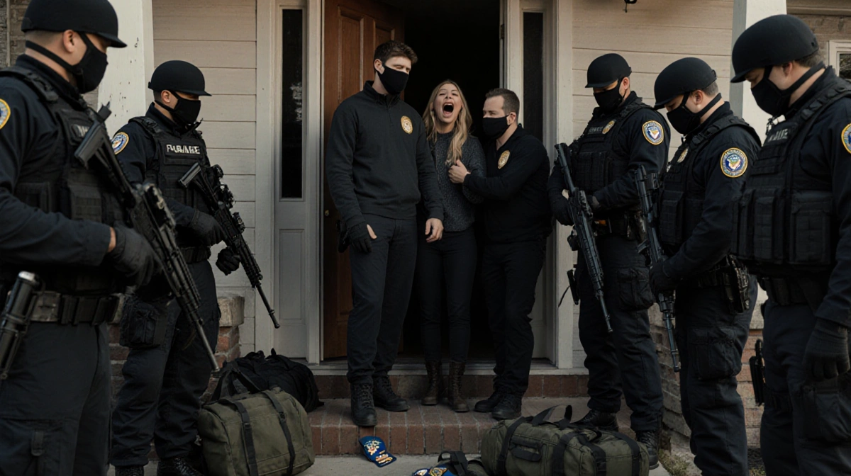 Vela being detained by federal agents with tactical gear and his distraught partner visible behind