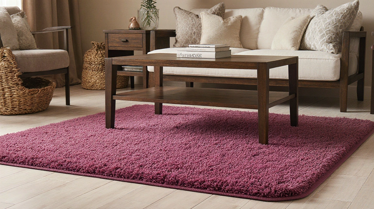 Berry bath rug resting in cozy living room with wooden coffee table and warm lamplight