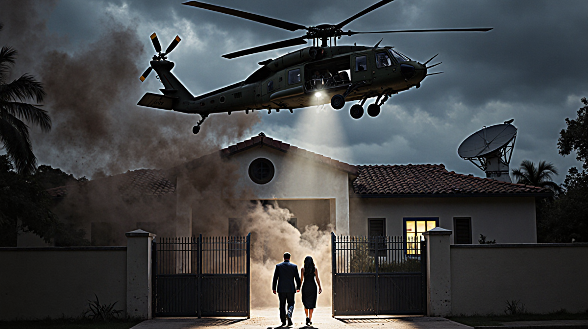 Helicopter descending over Maduro's compound with spotlight, Maduro and wife escorted by agents with drones nearby.