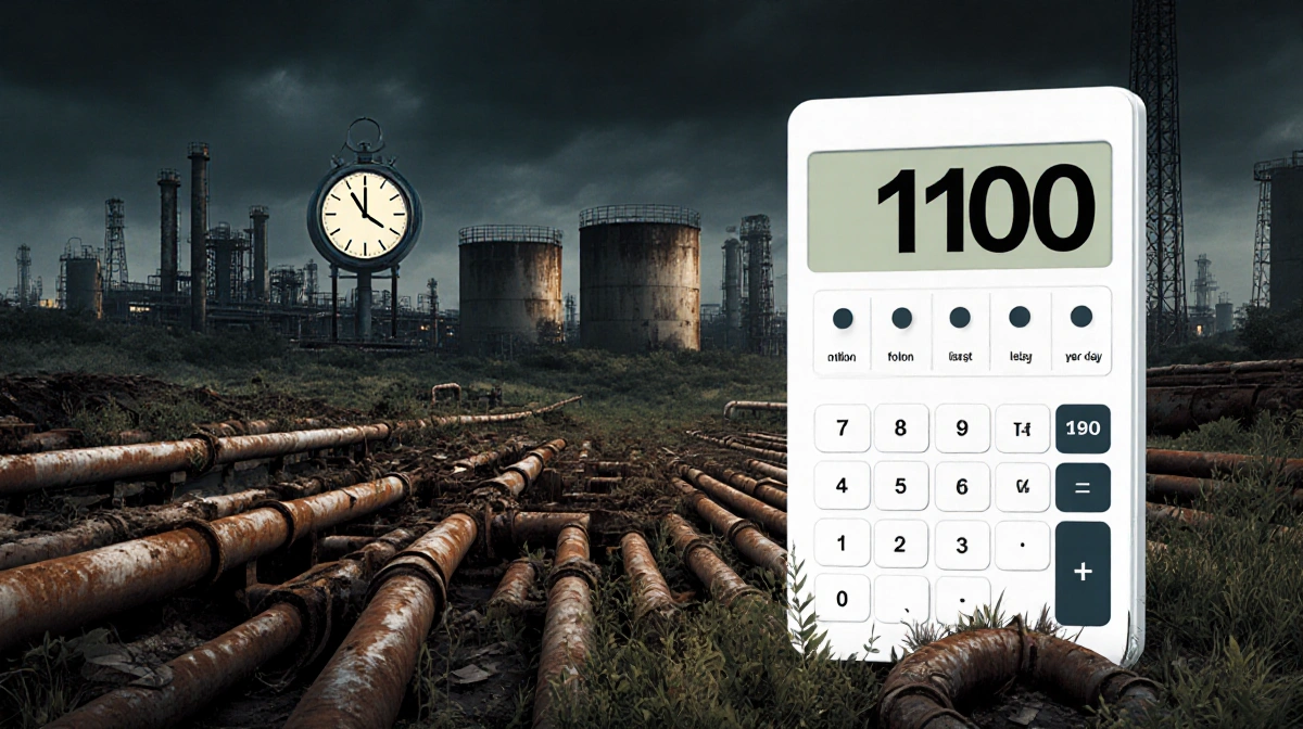 Oil infrastructure deteriorates with rusted pipes and crumbling tanks and a calculator showing $100 billion investment.