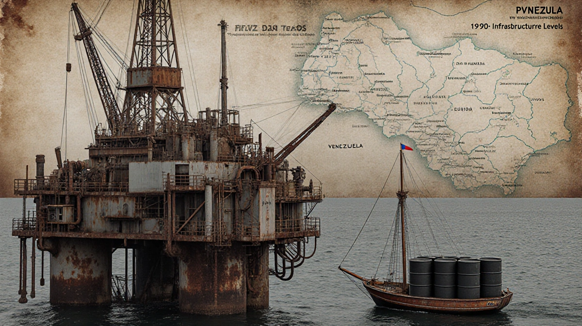 Dilapidated oil rig creaks with rusted pipes as a sailboat with crude barrels drifts by and a faded oil map hangs behind.
