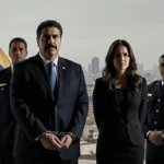 Maduro and Flores stand in handcuffs with stern officers and a blurred Caracas skyline