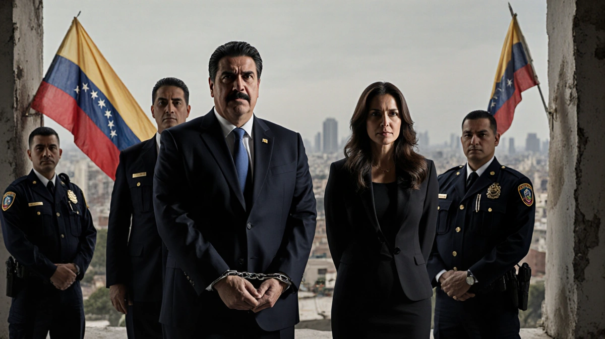 Maduro and Flores stand in handcuffs with stern officers and a blurred Caracas skyline