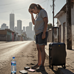 Venezuelan mother standing on dusty street holding her head with fatigue and suitcase beside her