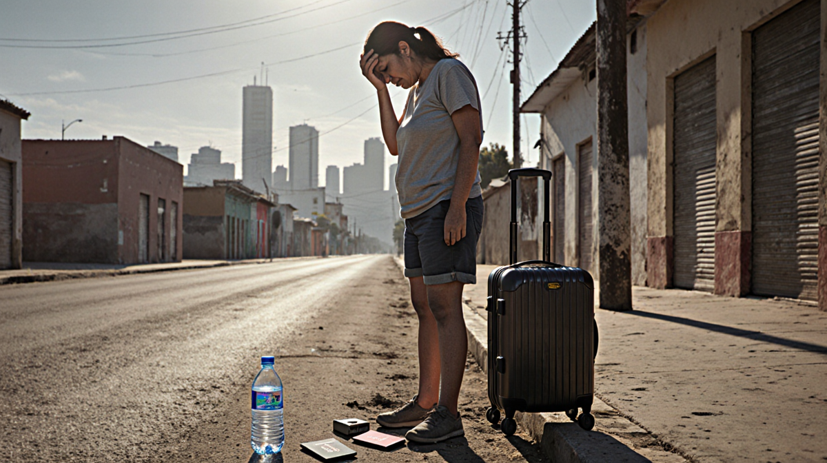 Venezuelan mother standing on dusty street holding her head with fatigue and suitcase beside her