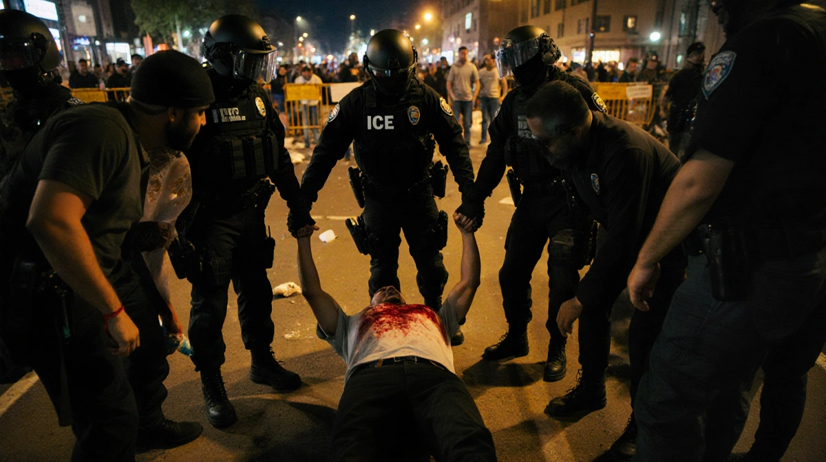 Protesters surround bloodied Venezuelan man on ground with ICE agents standing over him and riot police nearby