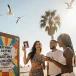Diverse young adults gather at sunny Venice Beach with casting call poster and headshots showing Baywatch auditions