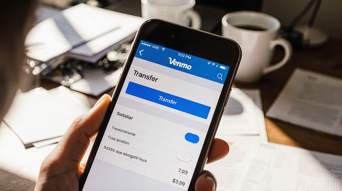 Smartphone screen shows Venmo transfer toggle in bright blue with blurred office and coffee.