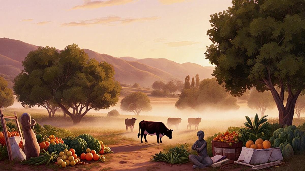 Cattle graze peacefully at dawn with citrus trees and morning mist rising from the Ventura ranch landscape