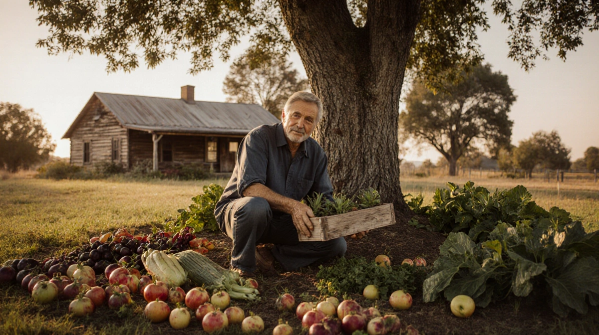 Retired actor kneels by tree with wooden planter and homegrown fruits showing peaceful ranch life