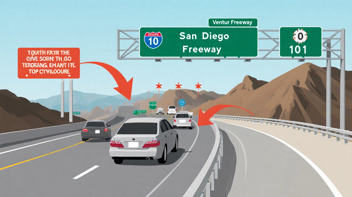 Car merging onto San Diego Freeway from Ventura Freeway with directional arrows showing Topanga Canyon detour