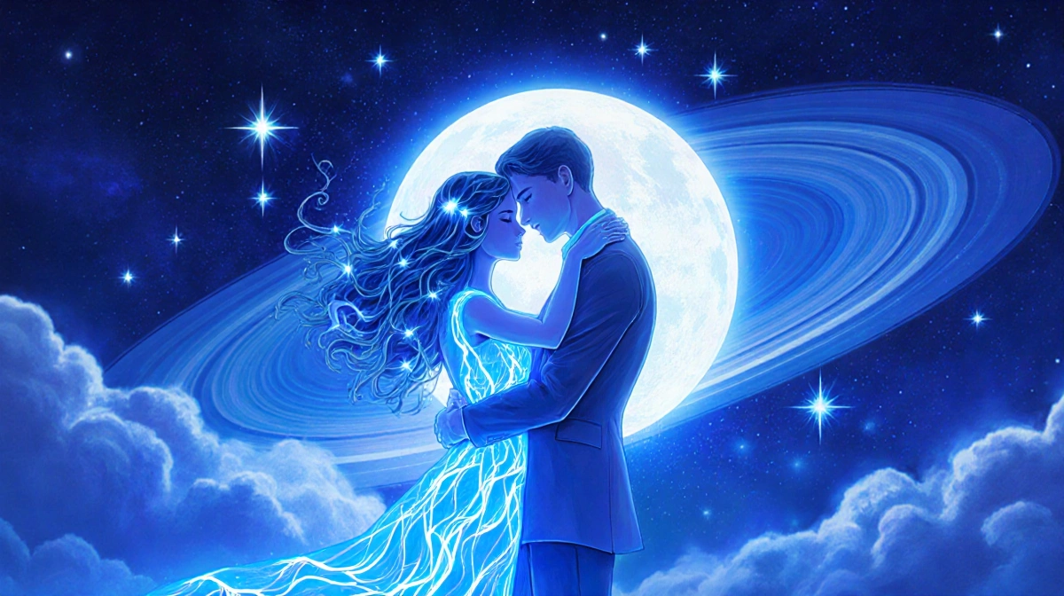 Couple embracing with glowing bodies and flowing hair surrounded by electric blue Venus clouds