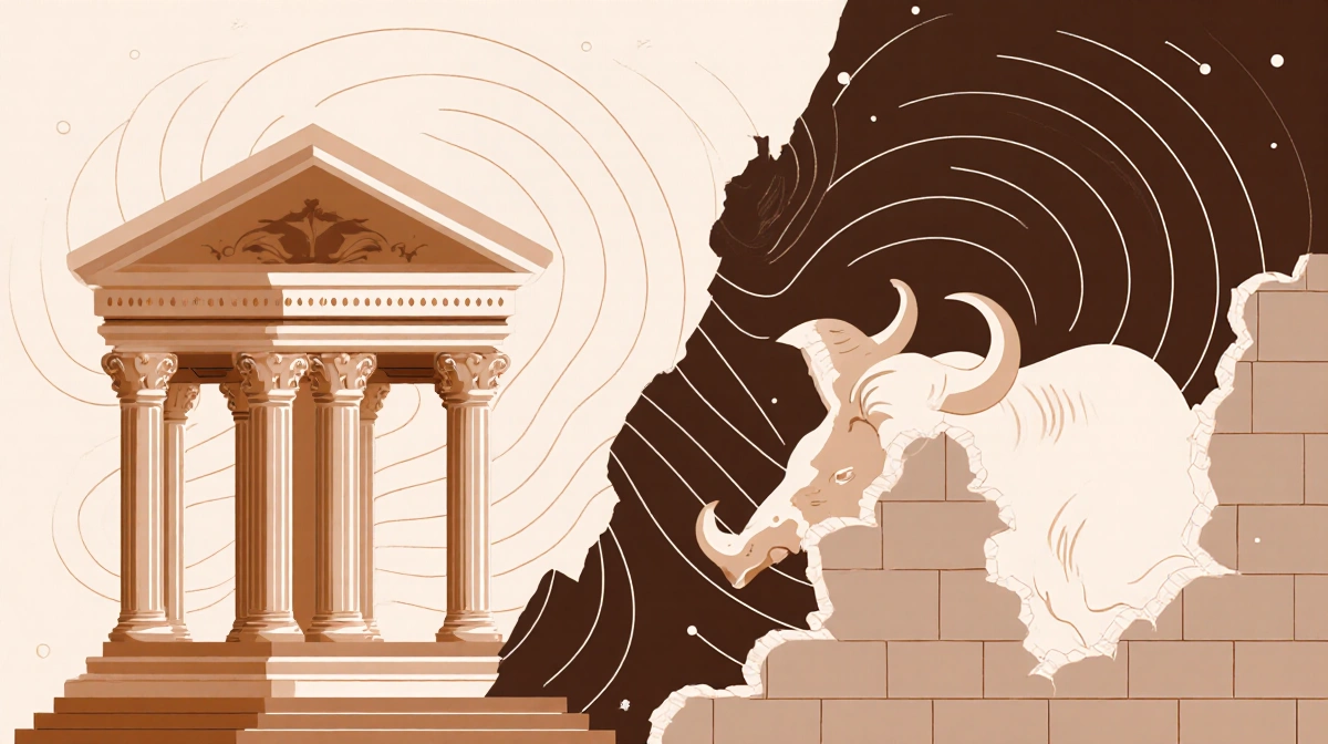 Venus in Capricorn merges with Uranus in Taurus as ornate building meets crumbling wall with swirling patterns showing transf