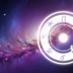 Venus and Uranus align with glowing zodiac wheel spinning toward viewer and cosmic purple galaxy behind