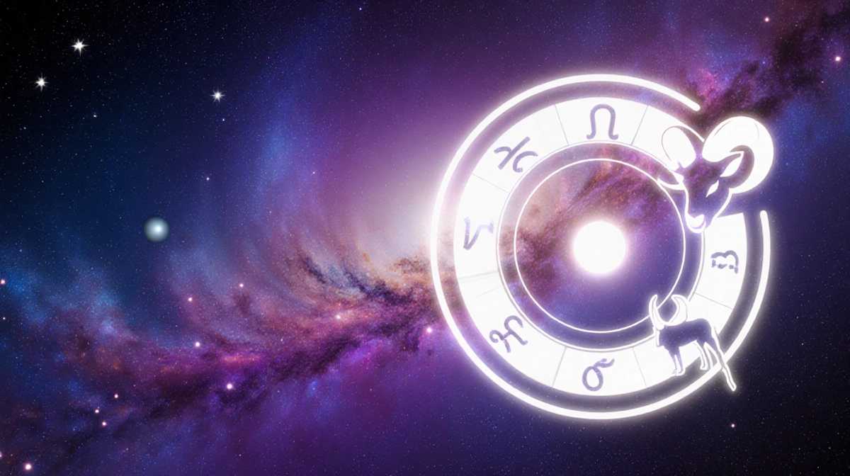 Venus and Uranus align with glowing zodiac wheel spinning toward viewer and cosmic purple galaxy behind