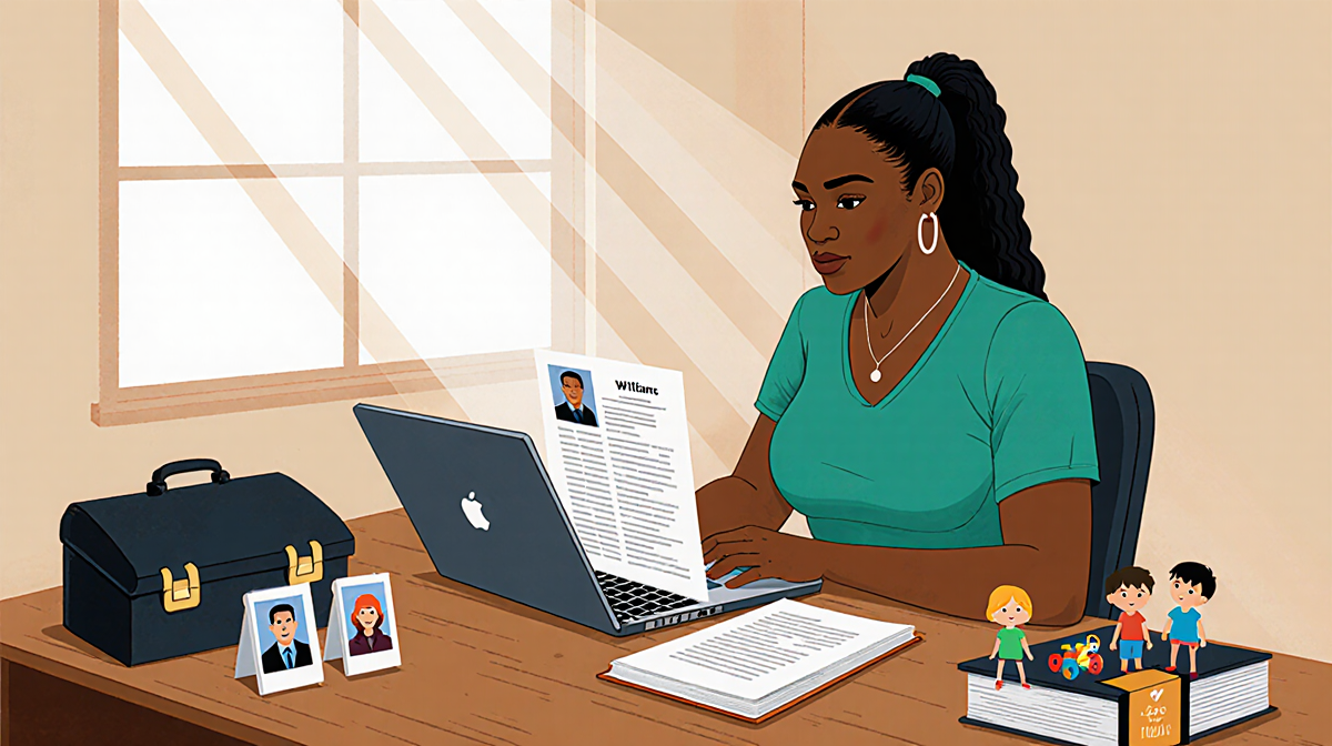Venus Williams sits at a desk job hunting with a laptop open to a listing and family album