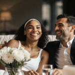 Venus Williams sits on plush couch with husband Andrea Preti smiling and white flowers near a small vase