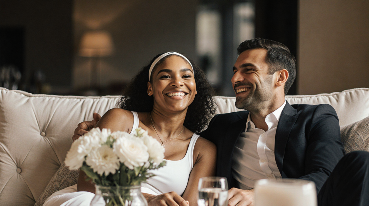 Venus Williams sits on plush couch with husband Andrea Preti smiling and white flowers near a small vase