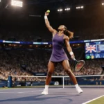 Venus Williams serving with racket raised and cheering crowd showing Australian Open scoreboard