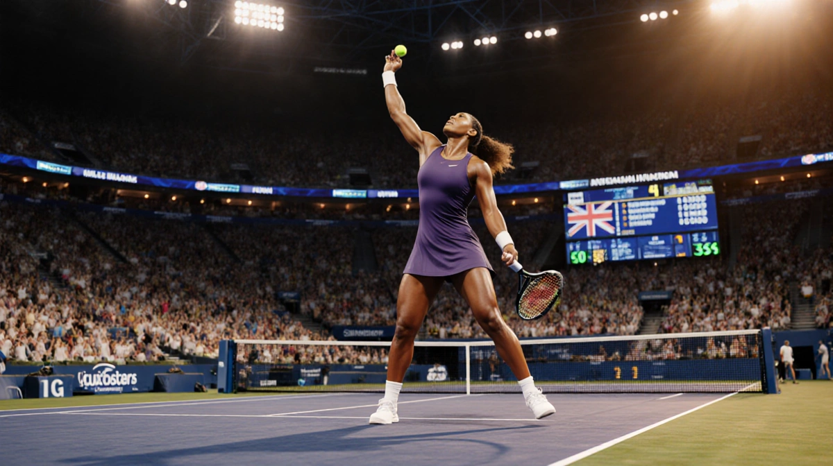 Venus Williams serving with racket raised and cheering crowd showing Australian Open scoreboard