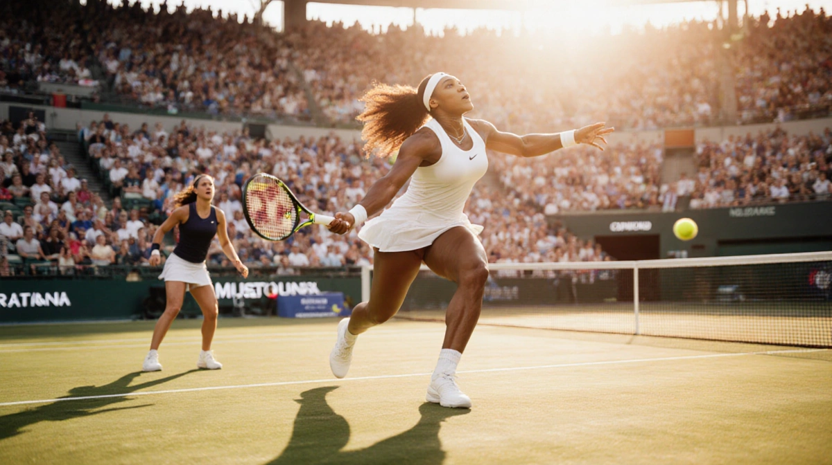 Venus Williams serving powerfully with racket extended and opponent reacting in background at Australian Open
