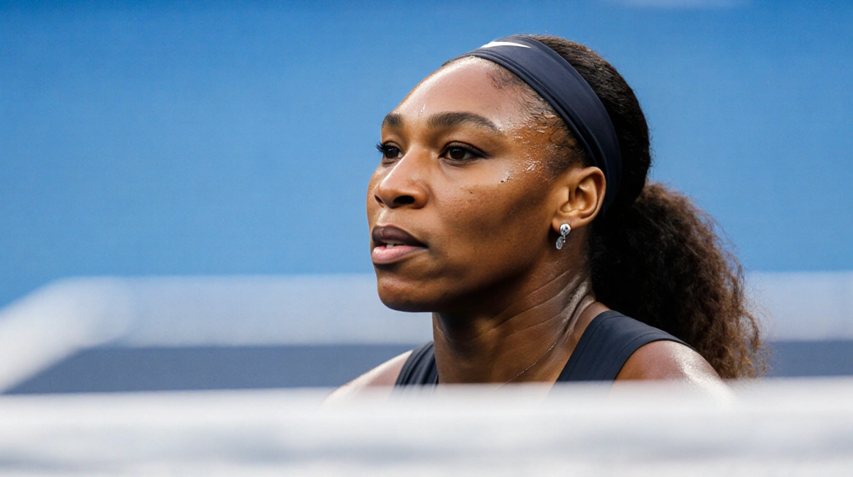 Venus Williams playing tennis at net with determined expression and sweat on forehead showing intense focus