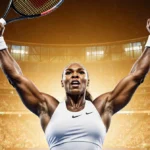 Venus Williams celebrating victory with tennis racket raised high against golden Australian Open stadium lights