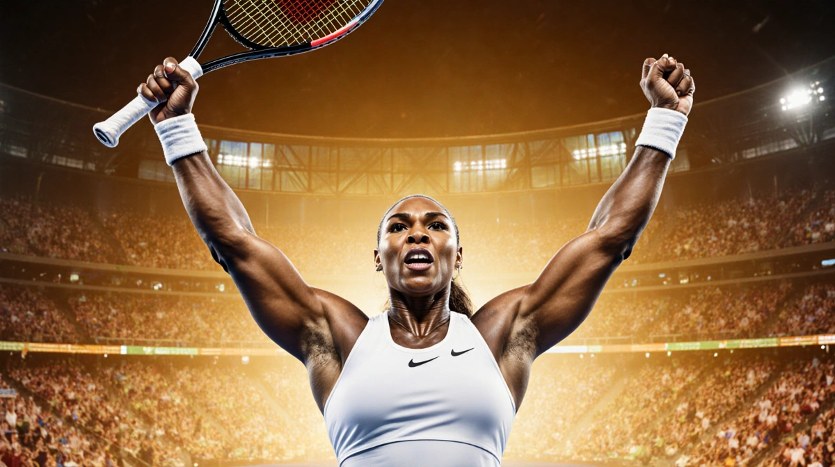 Venus Williams celebrating victory with tennis racket raised high against golden Australian Open stadium lights