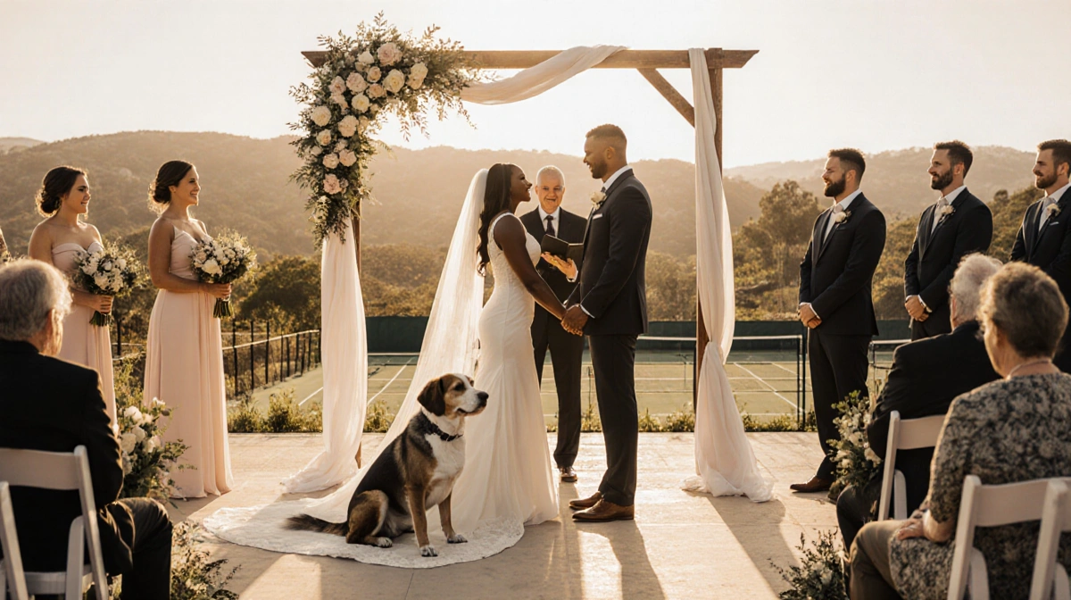 Venus Williams stands at the altar with her husband and senior dog against golden hills and distant tennis courts