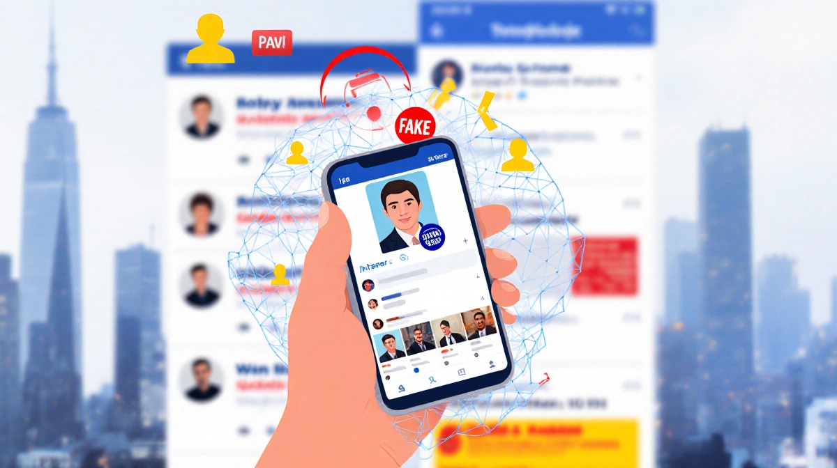 Person holds smartphone with verified badge while fake accounts glow red and yellow in blurred social media feed with city sk