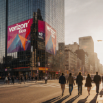 People walking toward the camera with a Verizon Fios building and sunset glow over urban street
