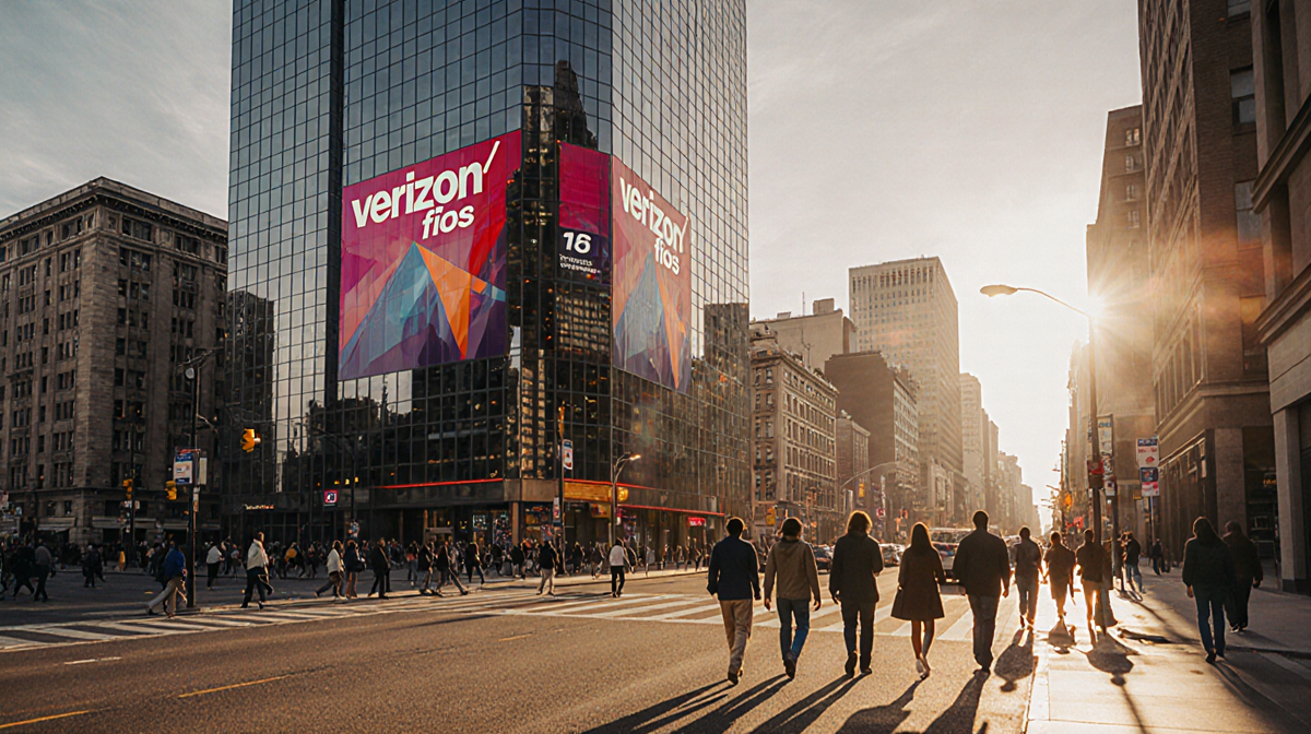 People walking toward the camera with a Verizon Fios building and sunset glow over urban street
