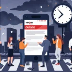 Worried people checking phones with Verizon outage notification and dark clouds overhead