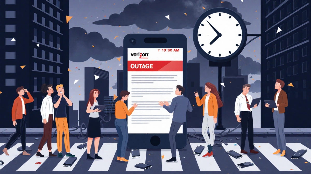 Worried people checking phones with Verizon outage notification and dark clouds overhead