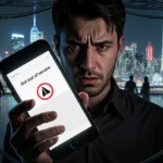 Frustrated Verizon customer checking phone with out of service message and tangled cables at feet