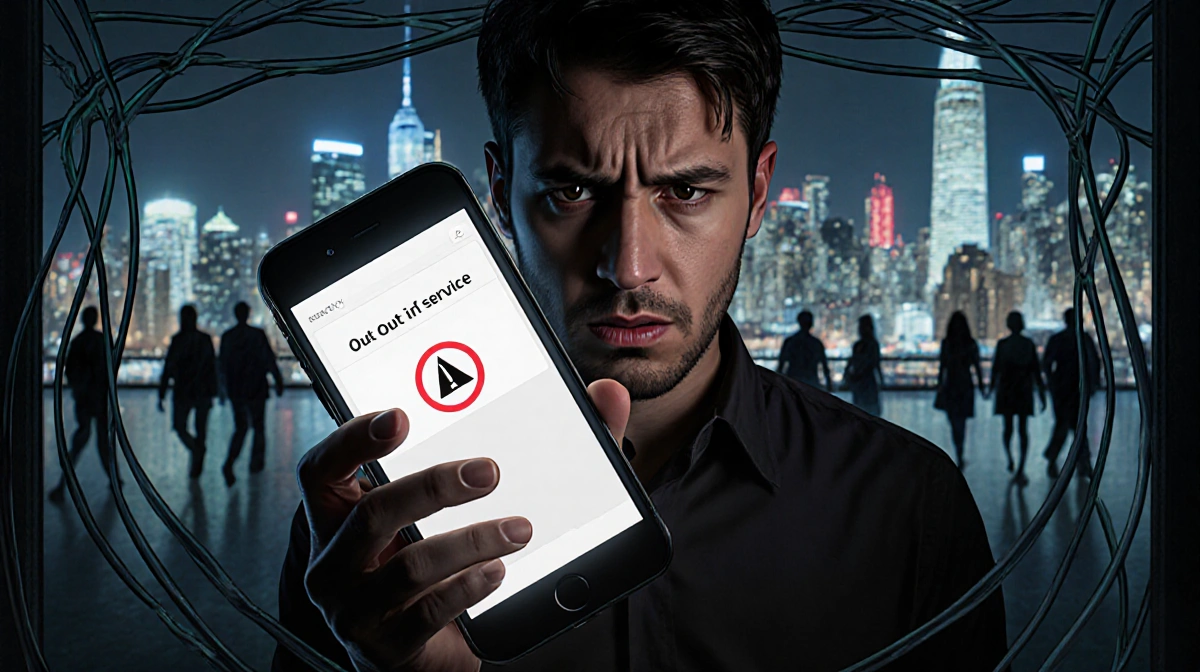 Frustrated Verizon customer checking phone with out of service message and tangled cables at feet