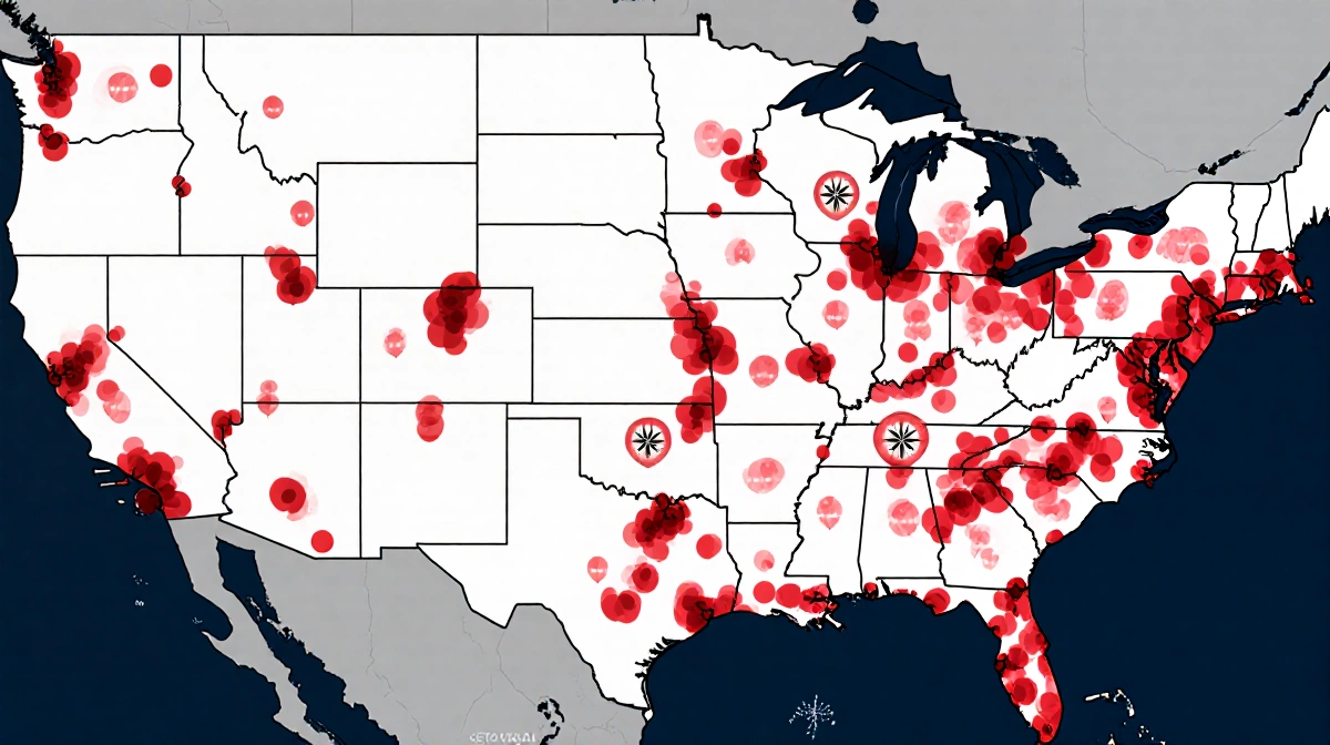 United States map shows red outage markers over cities with signal strength gauges indicating Verizon service disruption