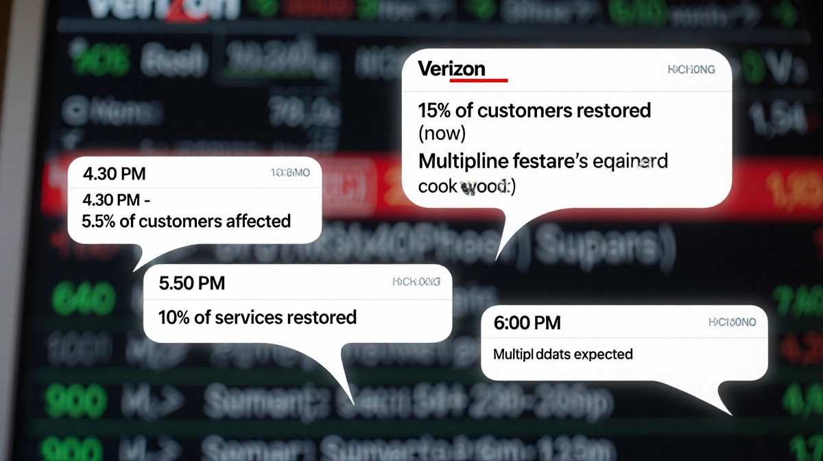 Scrolling text bubbles rising from phone lines with service updates showing restoration progress
