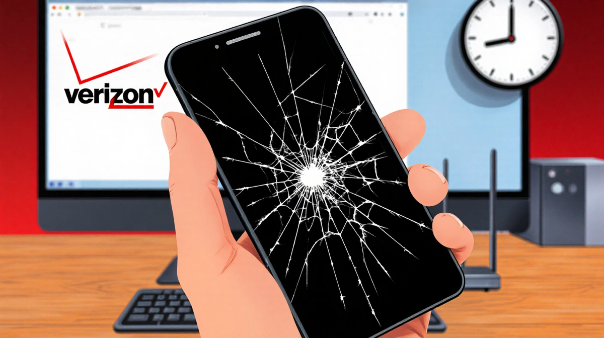 Cracked phone screen shows weak signal bars with Verizon logo and clock ticking in background