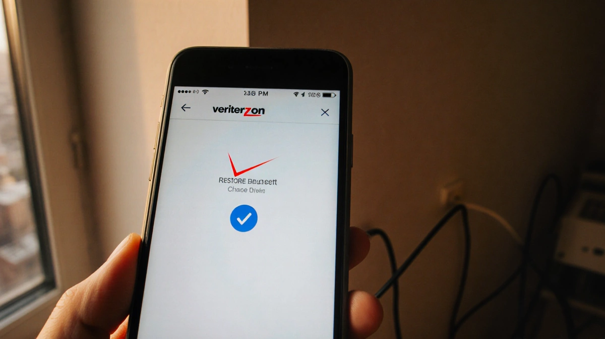 Smartphone screen shows restored Verizon home screen with blue checkmark and cityscape view through window