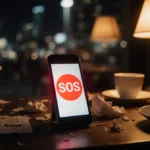 iPhone showing red SOS alert on screen with city lights blurred in background and coffee shop table visible underneath