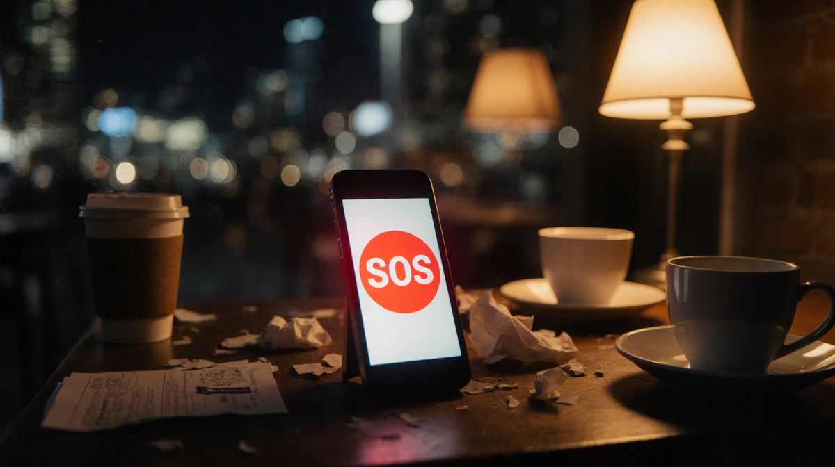 iPhone showing red SOS alert on screen with city lights blurred in background and coffee shop table visible underneath