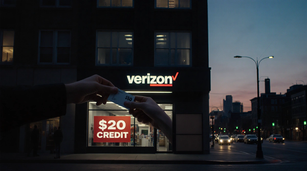 Person reaching for credit card on Verizon store counter with $20 credit sign glowing in darkened street