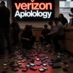 Frustrated customers stand in messy Verizon store with phones on floor showing SOS screens and apology sign behind counter