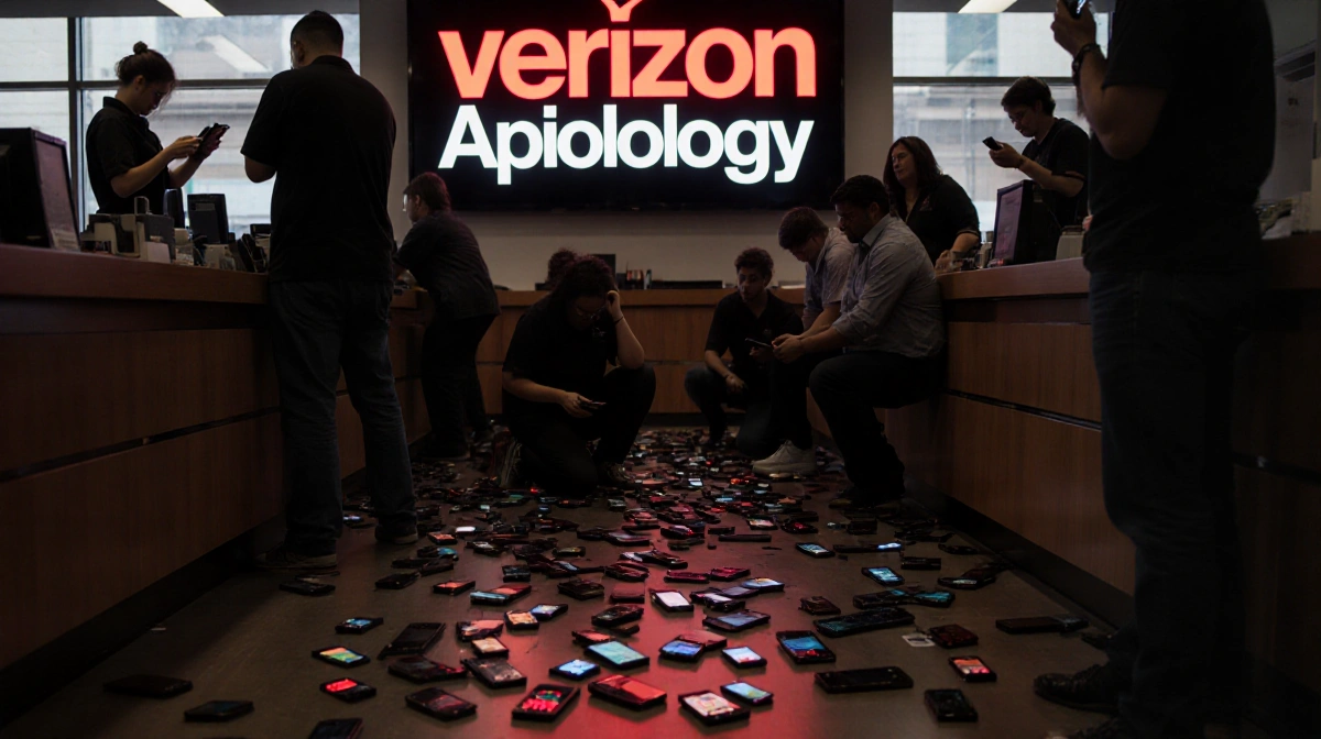 Frustrated customers stand in messy Verizon store with phones on floor showing SOS screens and apology sign behind counter